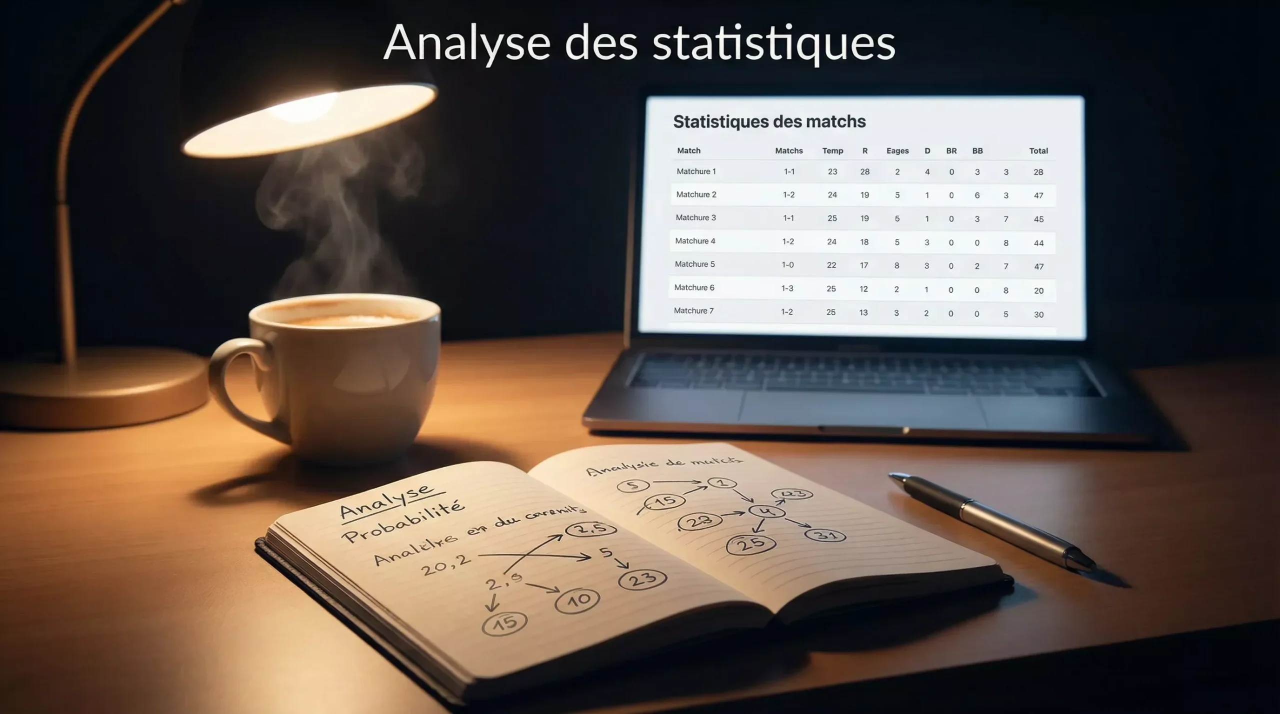 Écran d'ordinateur affichant des statistiques sportives avec bloc-notes d'analyse