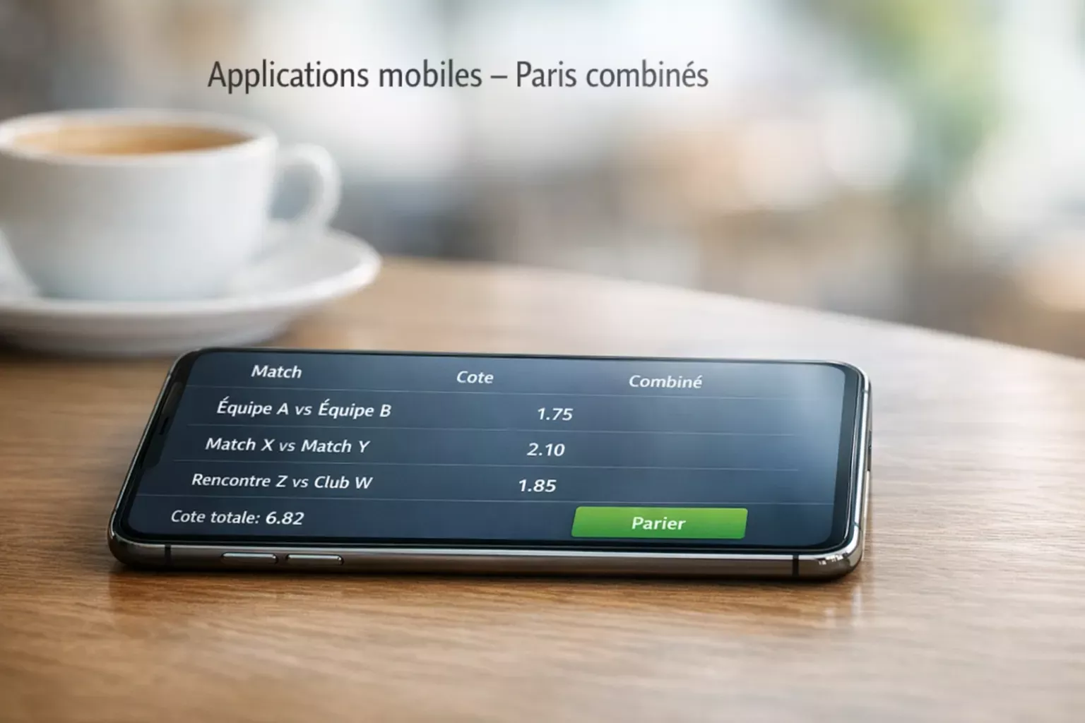 Smartphone posé sur une table avec application de paris sportifs ouverte