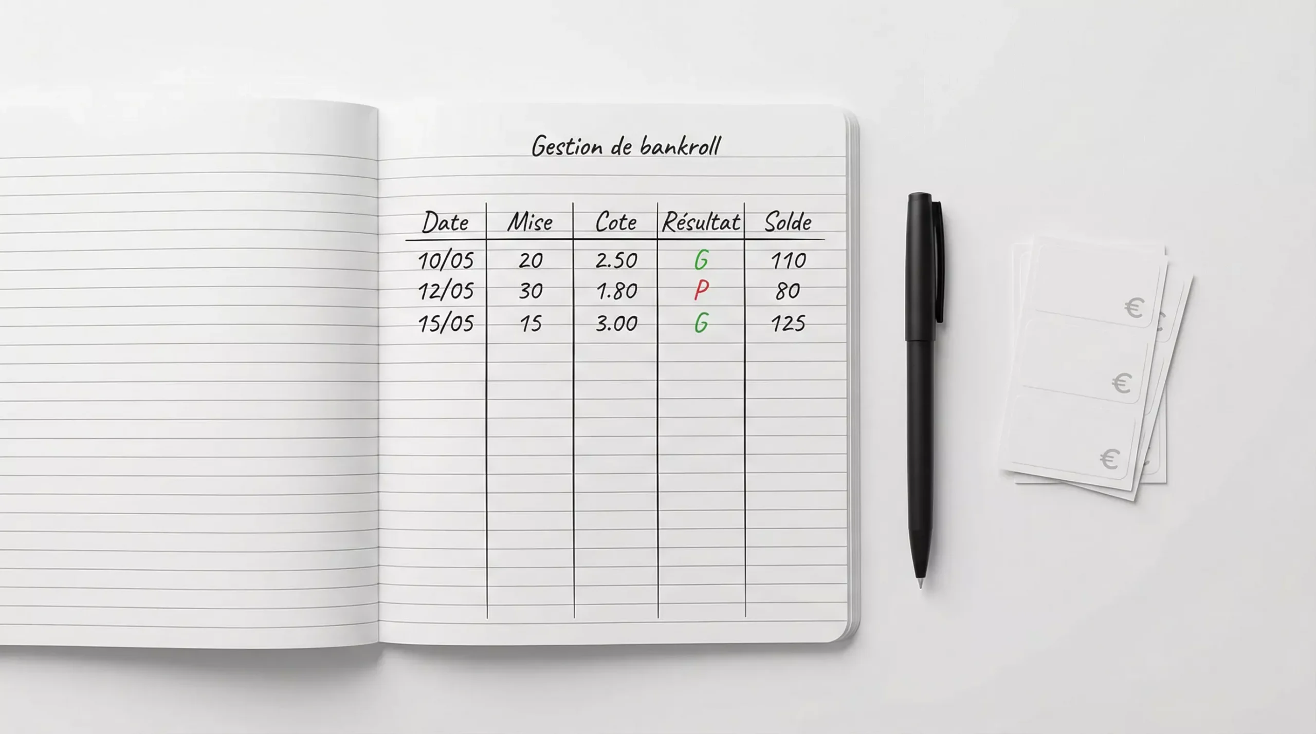 Bloc-notes avec suivi de bankroll et colonnes de résultats de paris sportifs