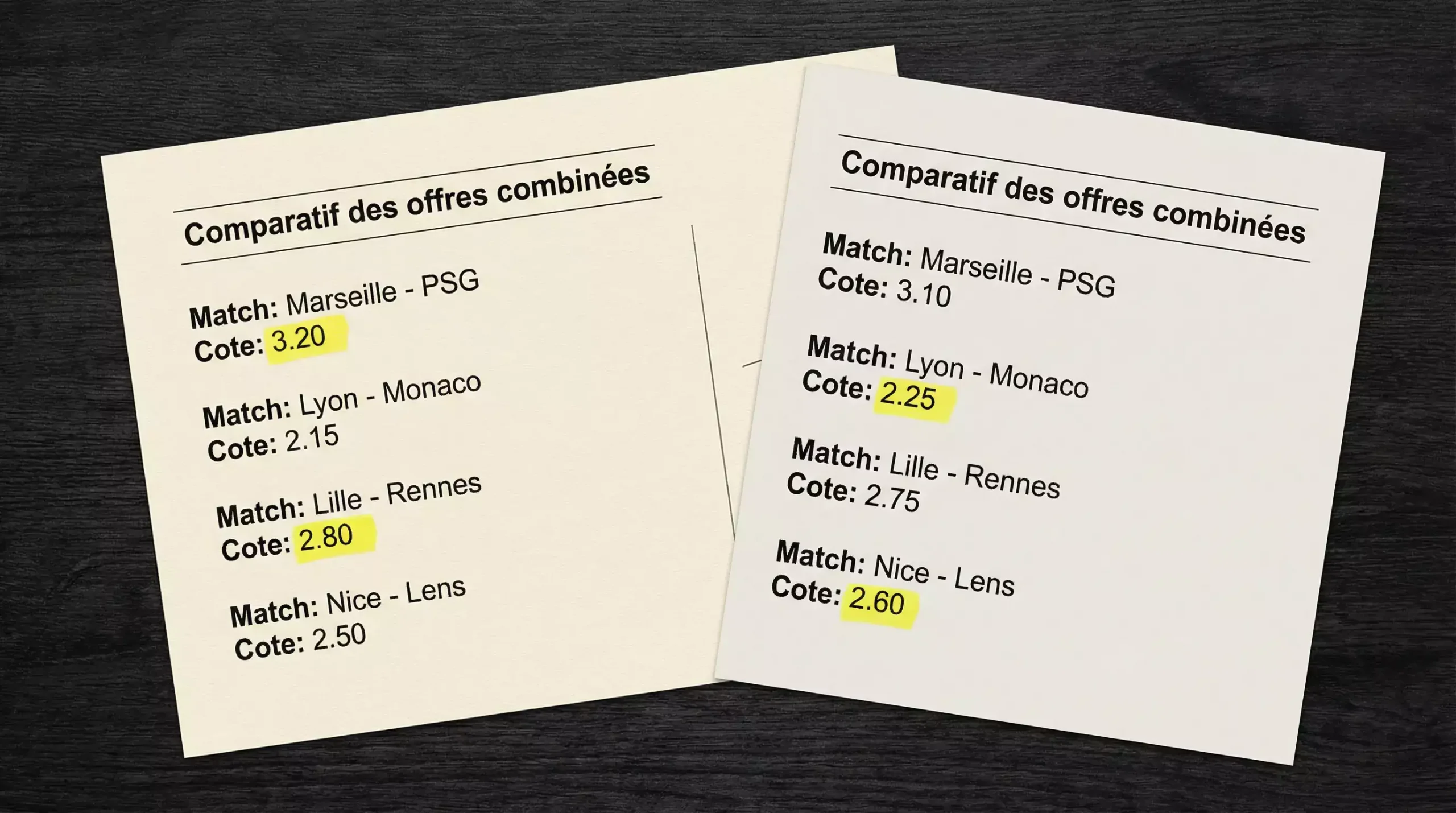 Deux coupons de paris sportifs placés côte à côte pour comparaison