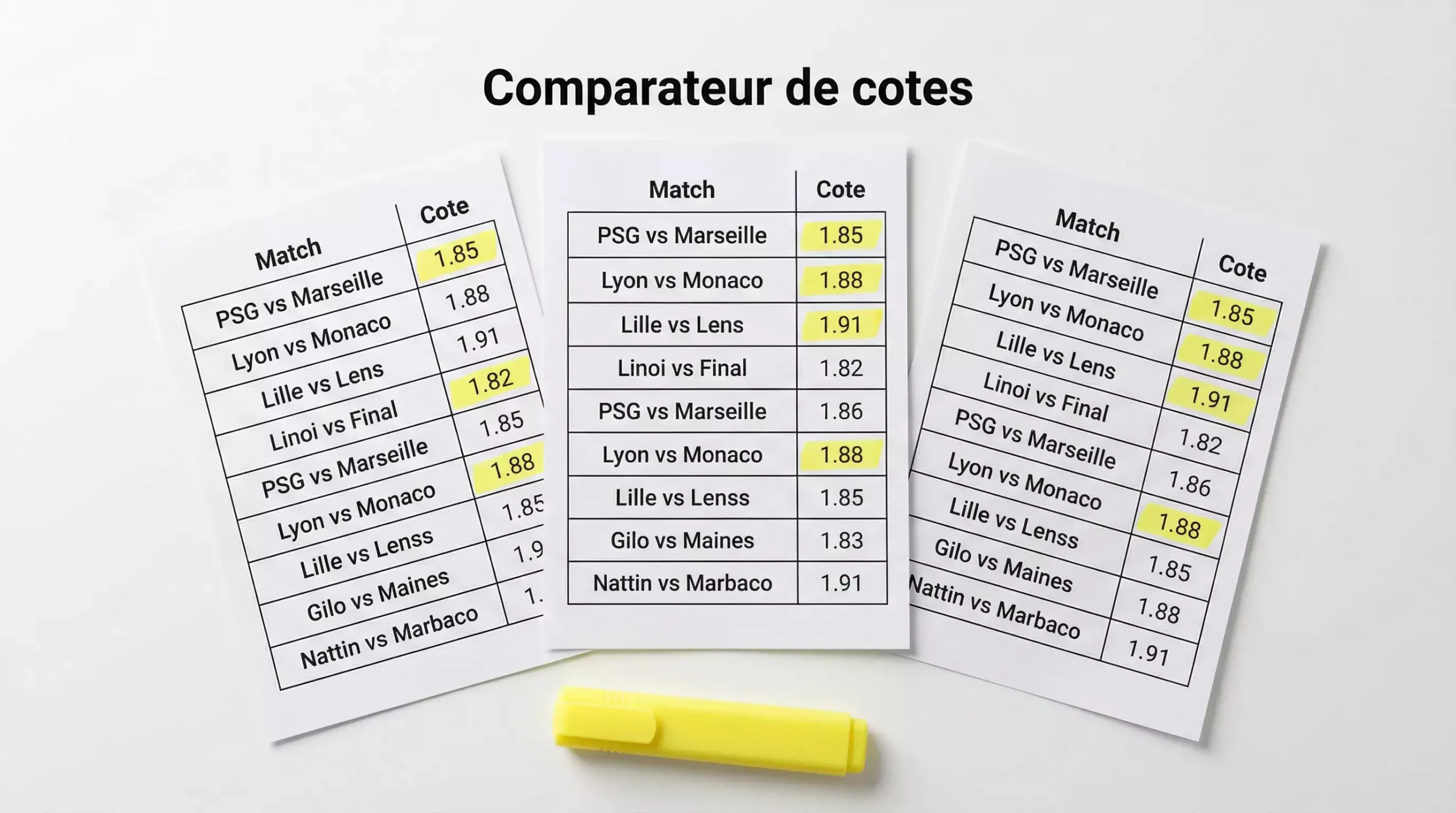 Plusieurs listes de cotes de bookmakers différents disposées pour comparaison