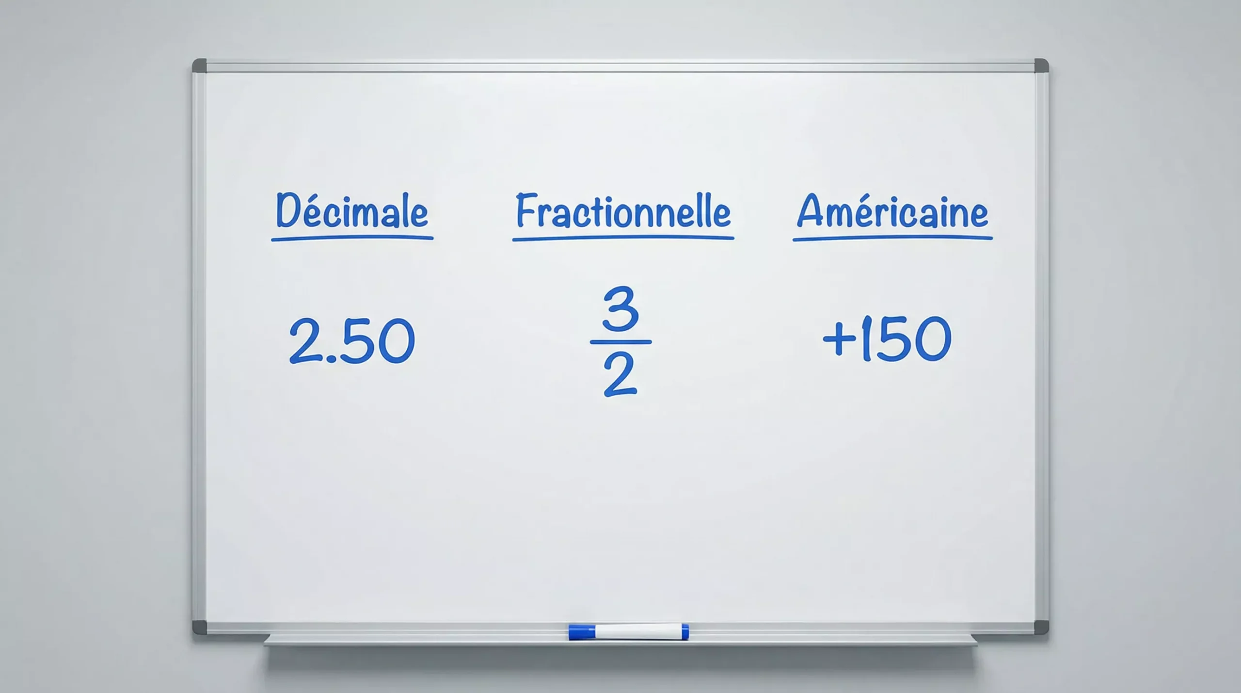 Trois formats de cotes de paris sportifs écrits sur un tableau blanc