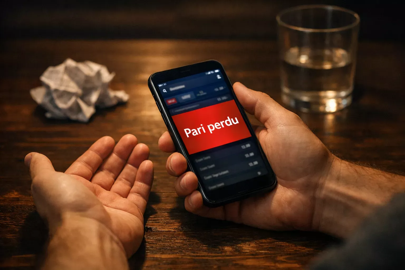 Gros plan sur les mains d'un parieur tenant un smartphone devant un écran de résultats sportifs