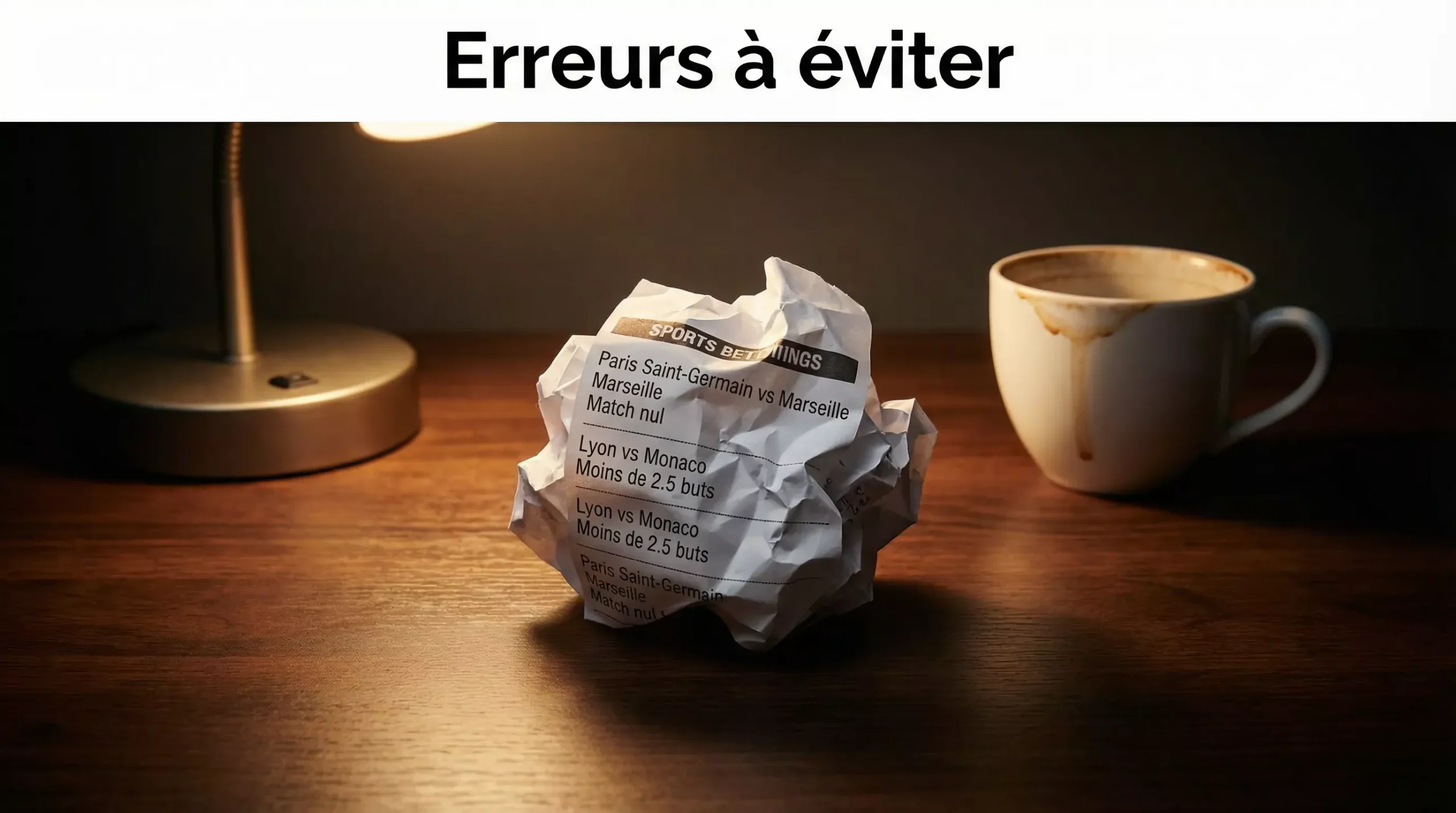 Coupon de pari combiné froissé sur un bureau symbolisant une erreur de parieur