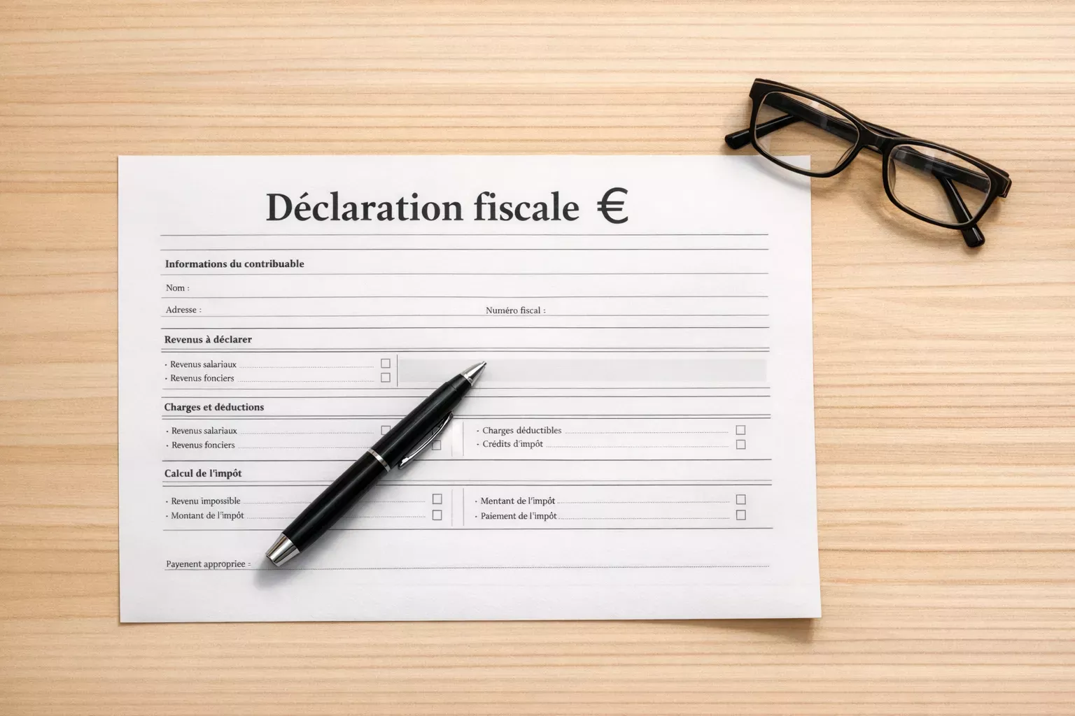 Document fiscal français avec symbole euro et formulaire de déclaration