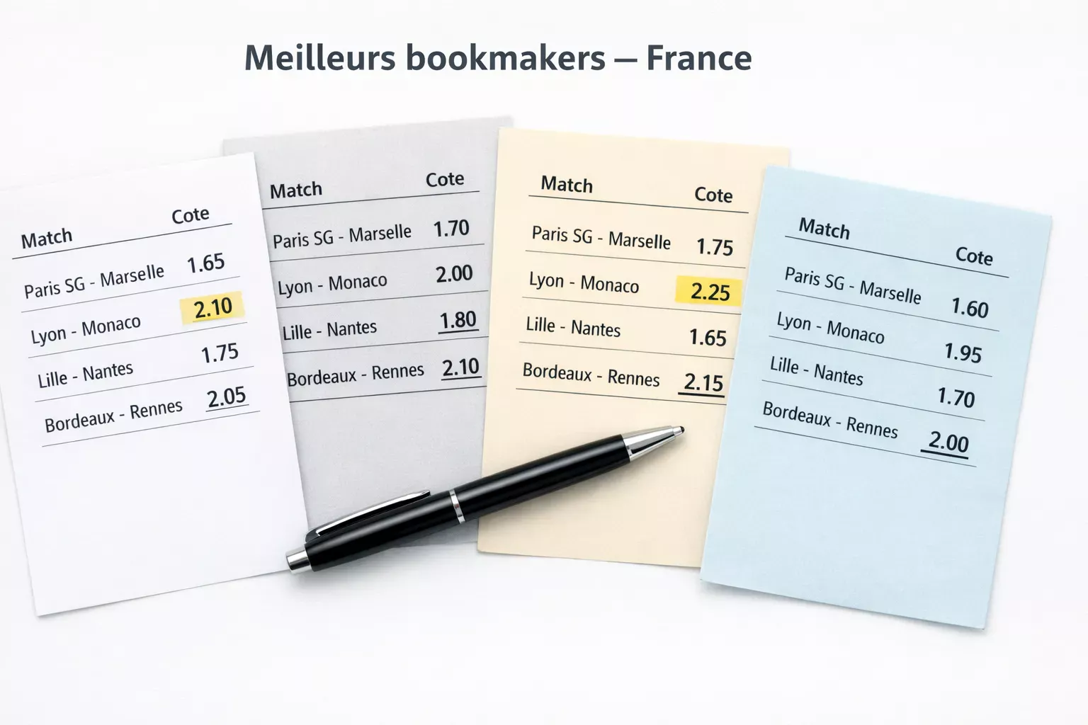 Quatre tickets de paris sportifs de différents bookmakers français côte à côte