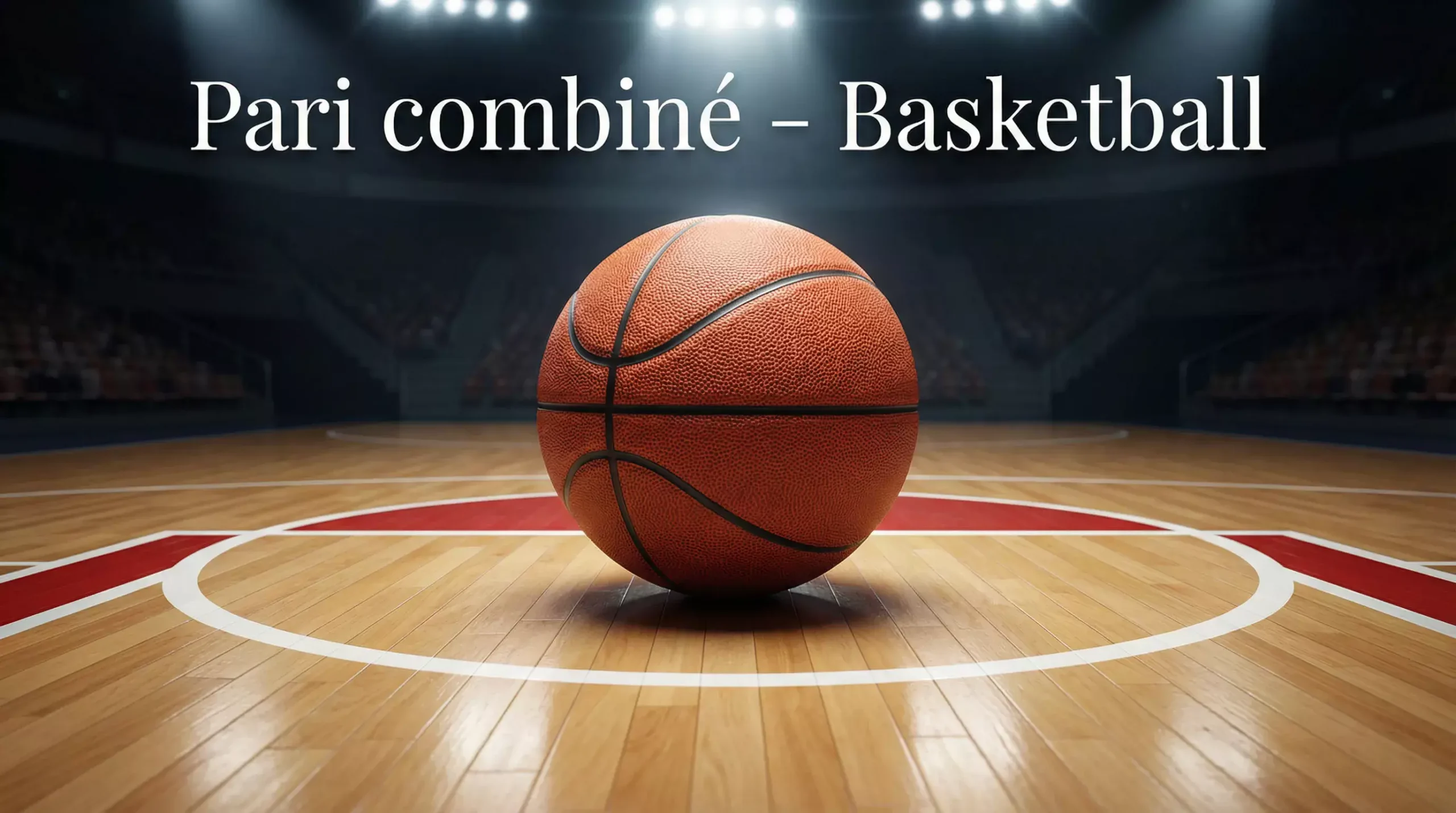 Ballon de basketball sur un parquet de salle NBA avec éclairage de match