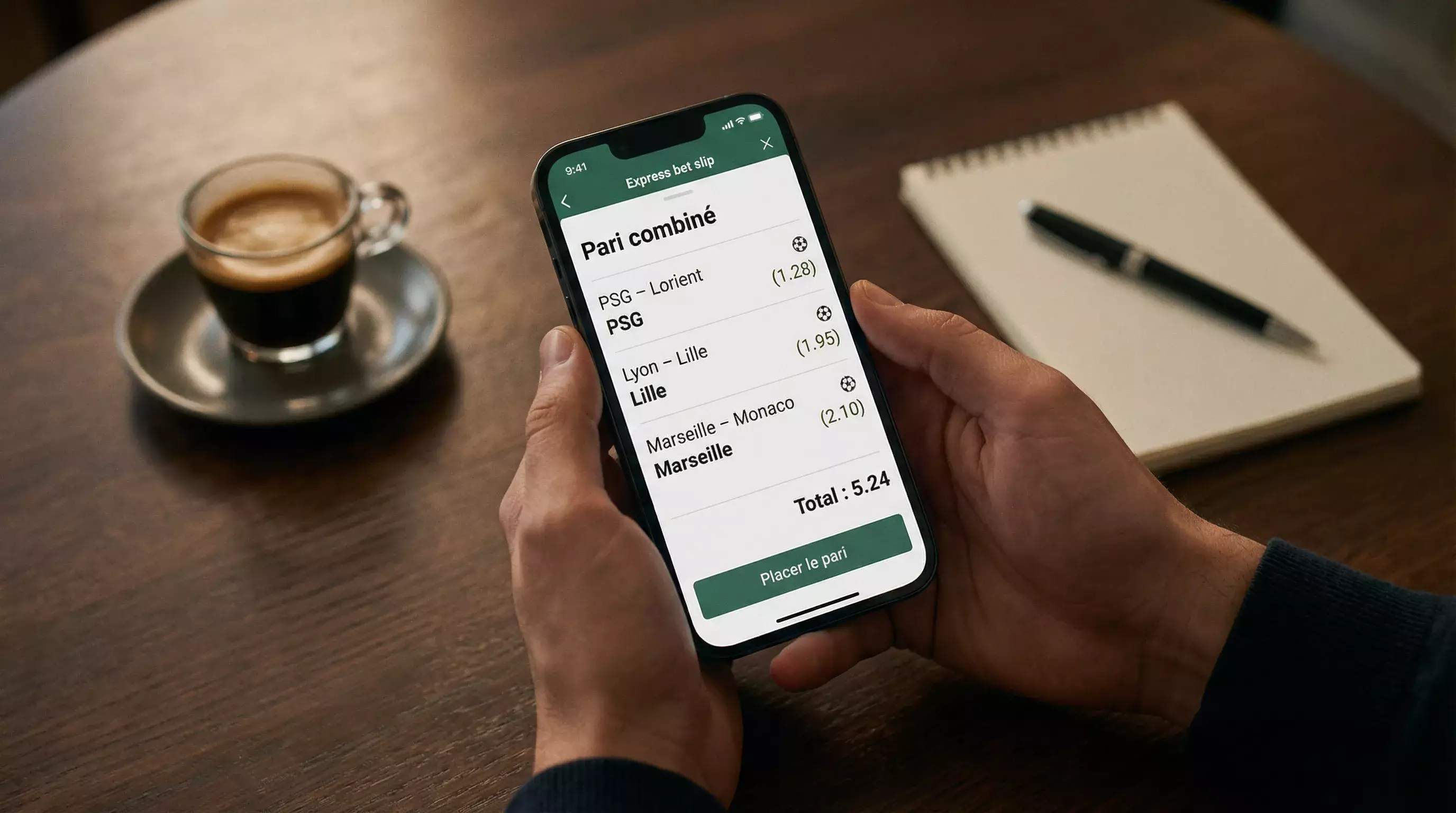 Écran de smartphone affichant un coupon de pari combiné avec trois sélections de football