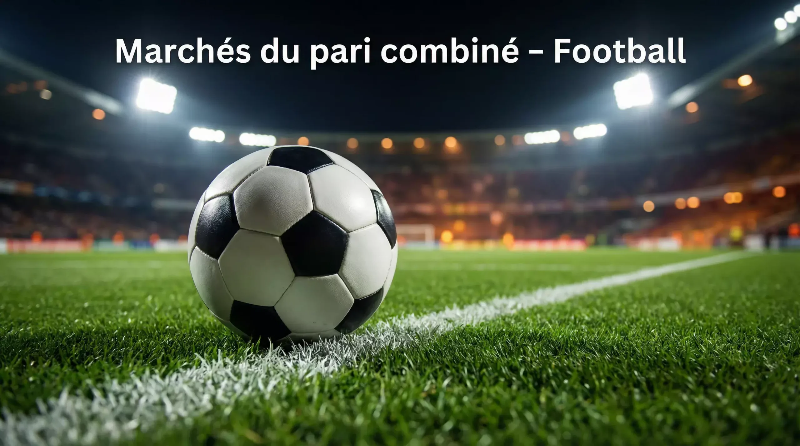 Ballon de football sur une pelouse de stade européen sous les projecteurs