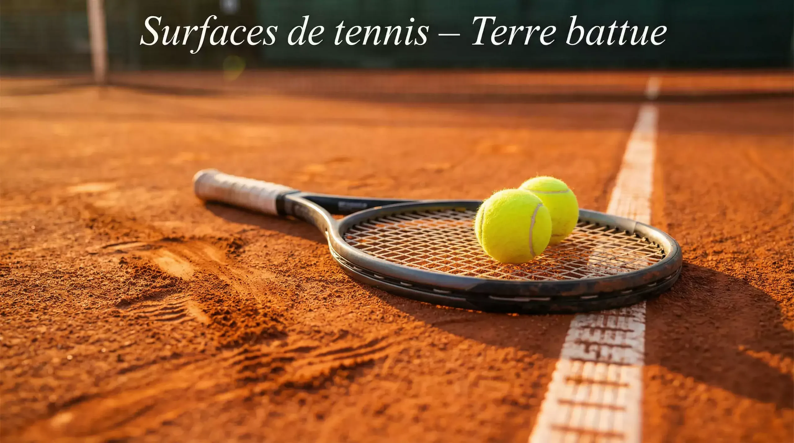Raquette de tennis et balle sur un court en terre battue sous la lumière du soleil