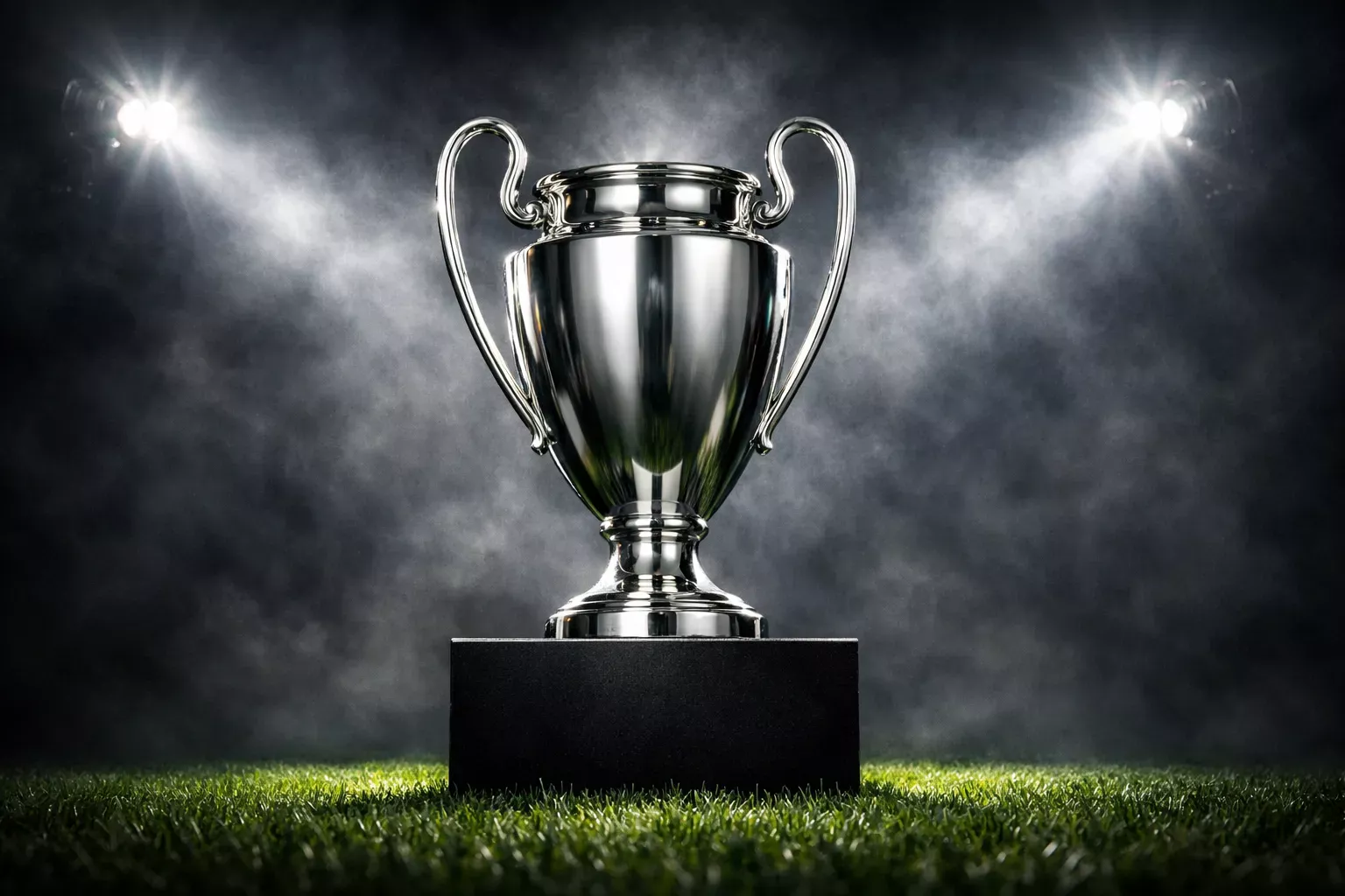 Trophée de compétition internationale de football sur un podium avec projecteurs