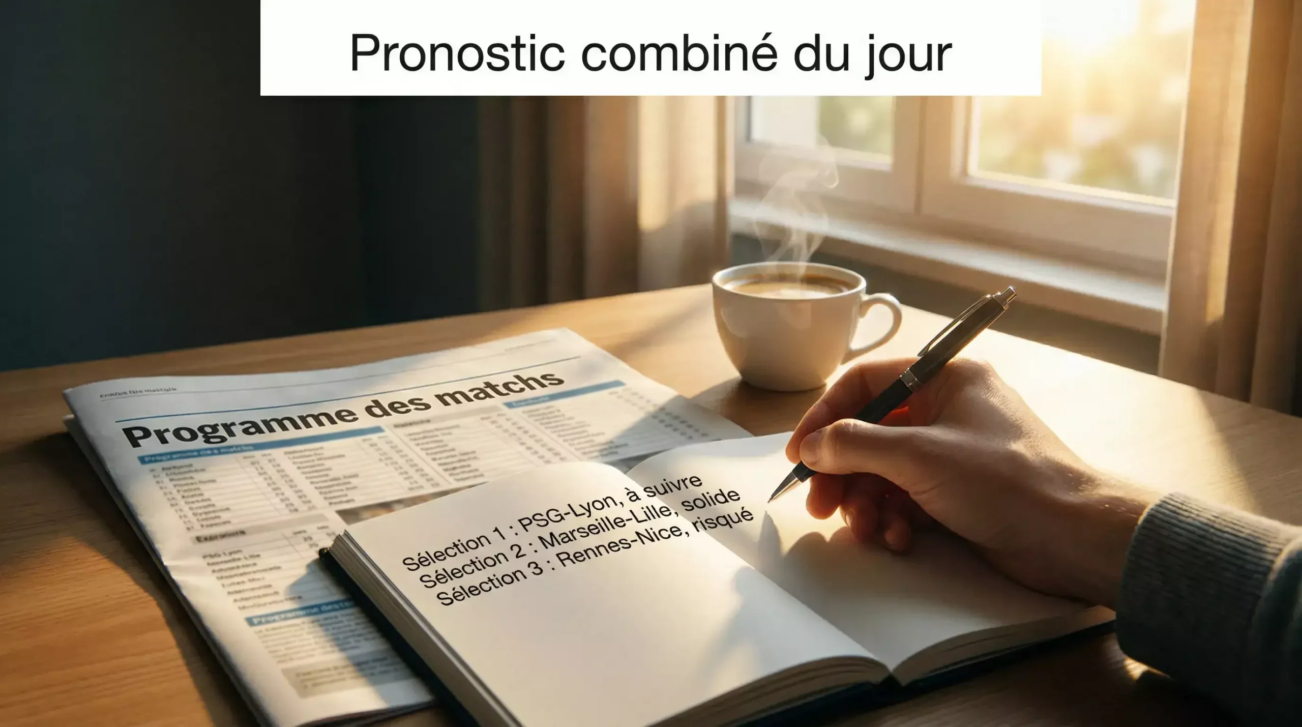 Bureau de travail matinal avec journal sportif et bloc-notes d'analyse de matchs