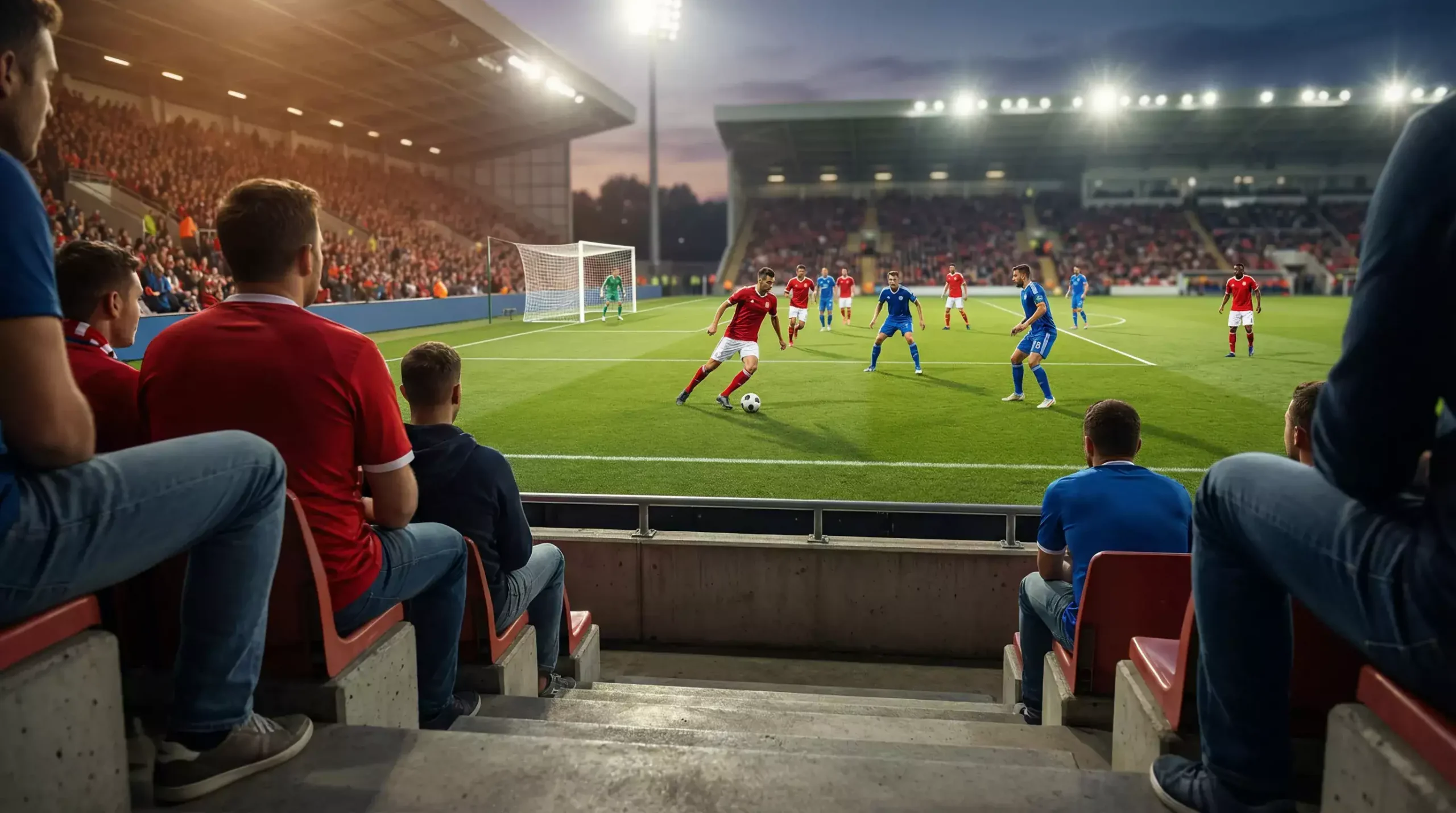 Match de football vu depuis les tribunes avec plusieurs événements en cours sur le terrain