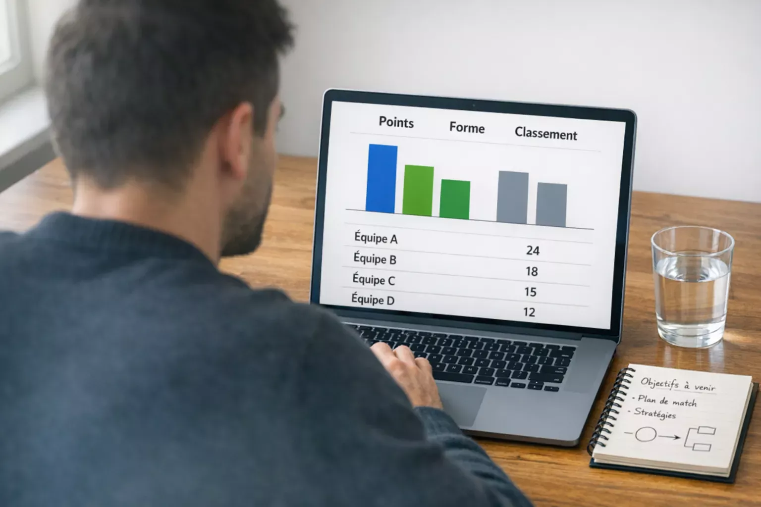 Personne analysant des statistiques de football sur un ordinateur portable avec un carnet de notes