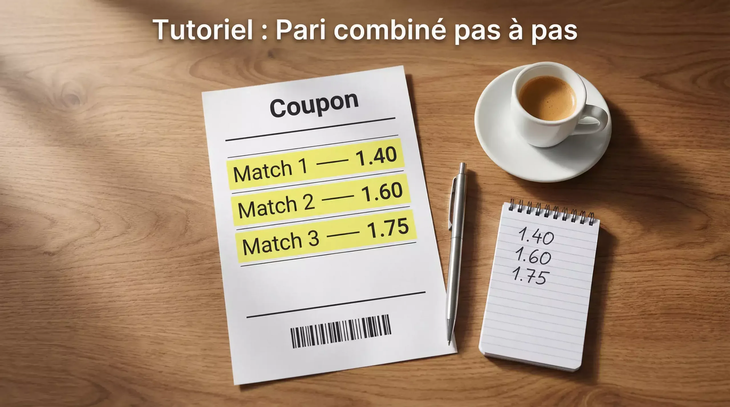 Coupon de pari combiné en cours de construction sur un bureau avec stylo et bloc-notes