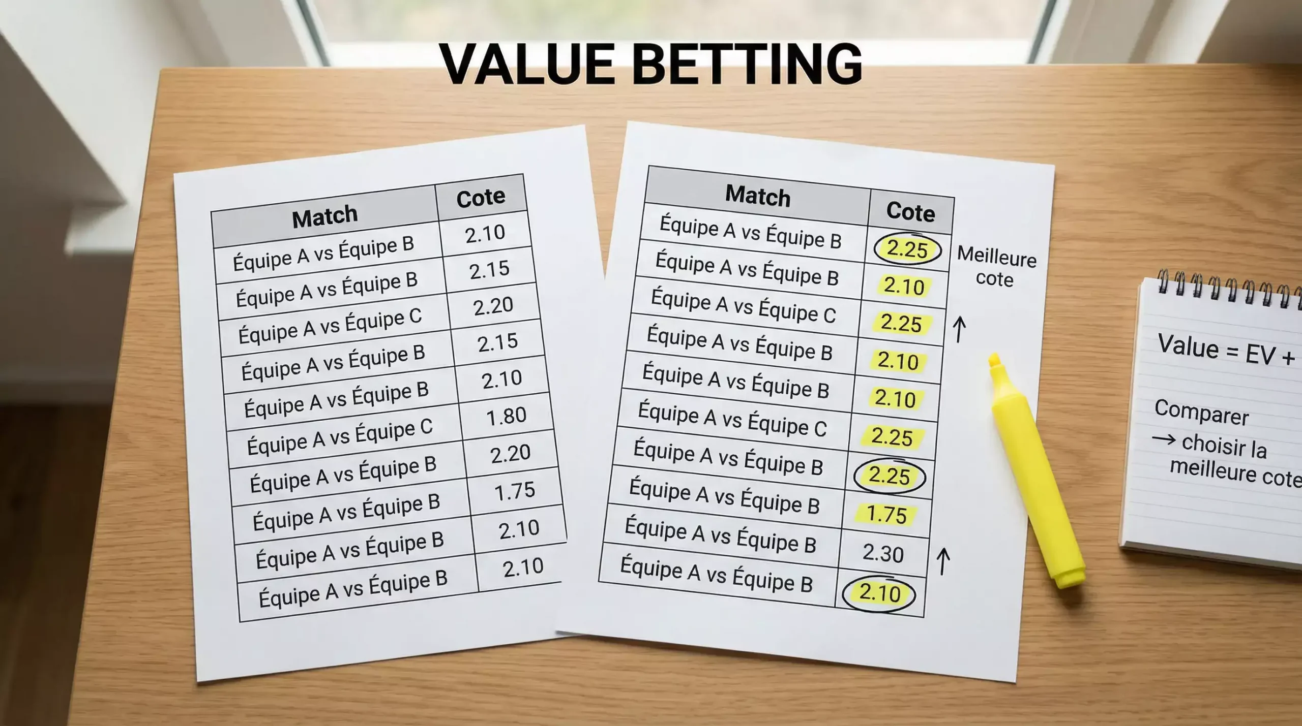 Analyse de cotes de paris sportifs avec comparaison de valeurs sur papier