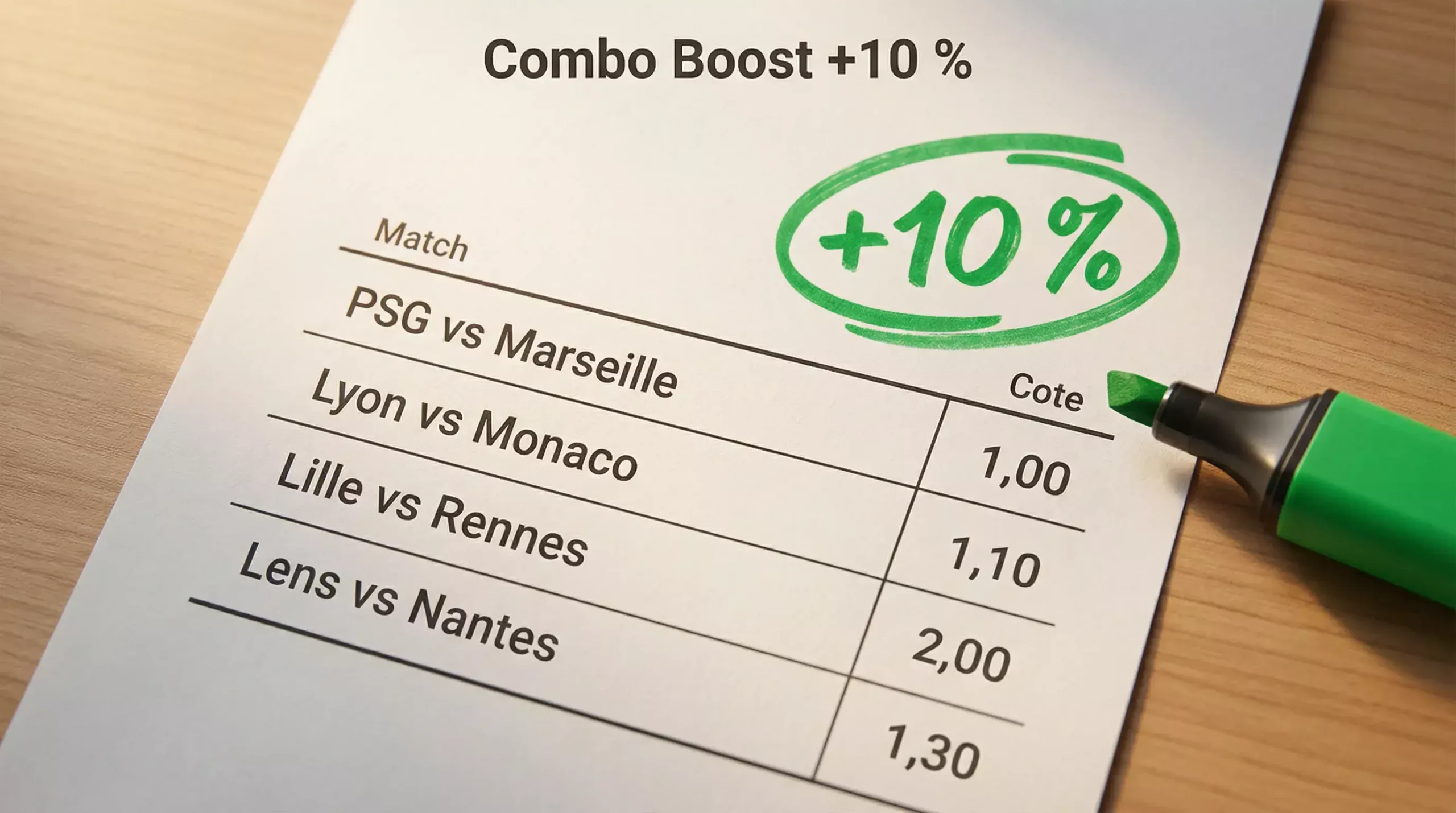 Coupon de pari combiné avec pourcentage de bonus affiché en haut du ticket